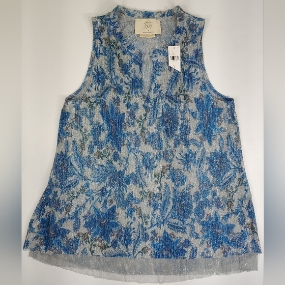 Anthropologie Vanessa Virginia Blue Metallic Pleated Layer Tank Top Size S Small - Picture 1 of 10